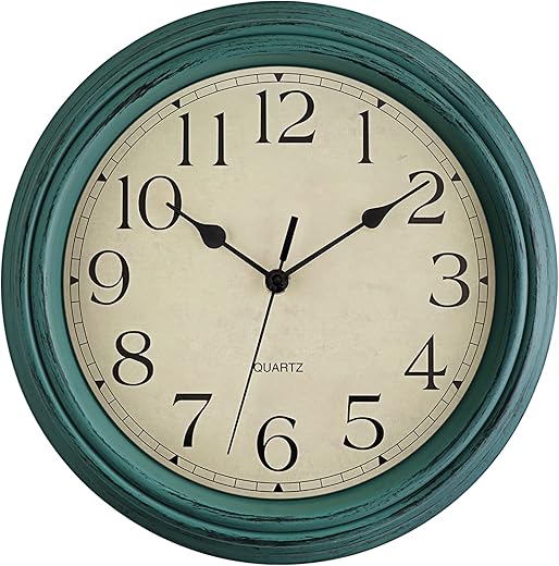 Foxtop Retro Silent Non-Ticking Round Classic Clock 12 inch Quartz Decorative Battery Operated Wall Clock for Living Room Kitchen Home Office (Turquoise)