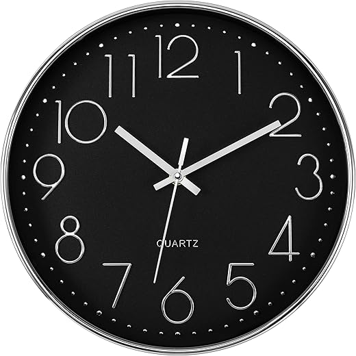 Foxtop Silver Wall Clock Silent Non-Ticking Battery Operated Quartz Round Wall Clock for Living Room Bedroom Home Office School Decor (12 Inch, Black Dial)