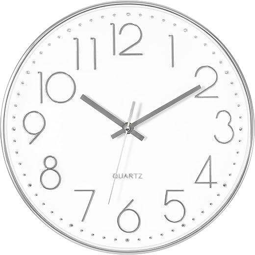 Foxtop Silver Wall Clock Silent Non-Ticking Battery Operated Round Modern Wall Clock for Office School Home Living Room Bedroom Bathroom Kitchen Decor 12 inch