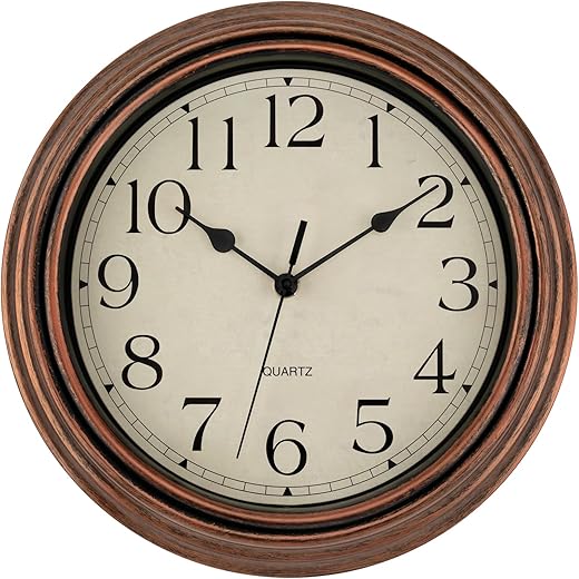 Foxtop Vintage Copper Wall Clock 12 Inch Silent Non Ticking Battery Operated Quartz Round Retro Wall Clock Decorative for Kitchen Bedroom Living Room Office Classroom