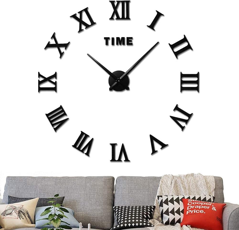 Frameless Mirror Wall Clock, 3D DIY Large Roman Numerals Stickers Self-Adhesive Silent Wall Stickers Decorations for Living Room (Color : Black, Size : D28-35in)