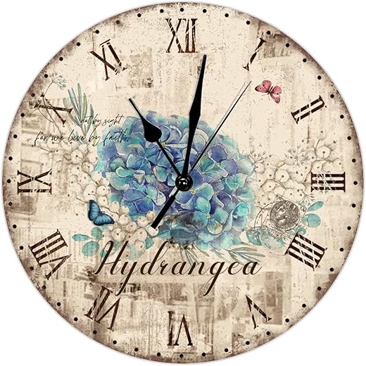 French Country Blue Hydrangea Flower Wall Clock Butterfly Garden Wall Clock Large Wooden Wall Clocks Battery Operated 10 Inch Silent Farmhouse Home Decor for Home Kitchen Office School Bathroom