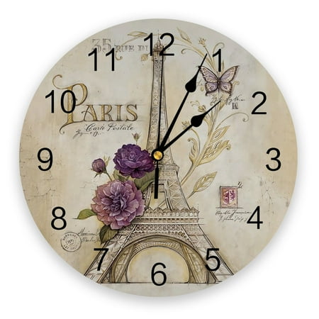 French Paris Tower Silent Decorative Wall Clock Digital Clock Operated Round Home Office School Clocks