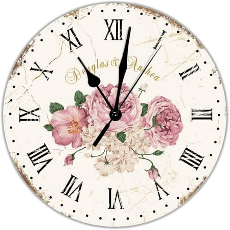 French Rose Flower Round Clock French Floral Pvc Clock Non-Ticking Battery Operated 12 Inch Rustic Chic Farmhouse Wall Clocks Decoration For Home Living Room Bedroom Office Hotel