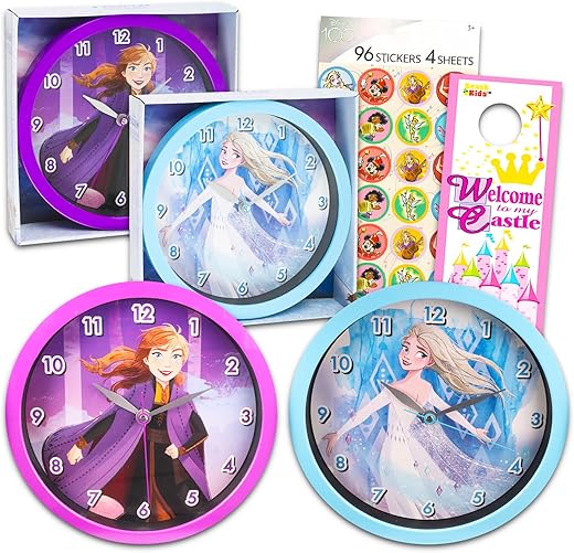 Frozen Wall Clock Set- Bundle of 2 Elsa and Anna 10” Disney Wall Clocks, Plus Stickers and More Bedroom Clocks