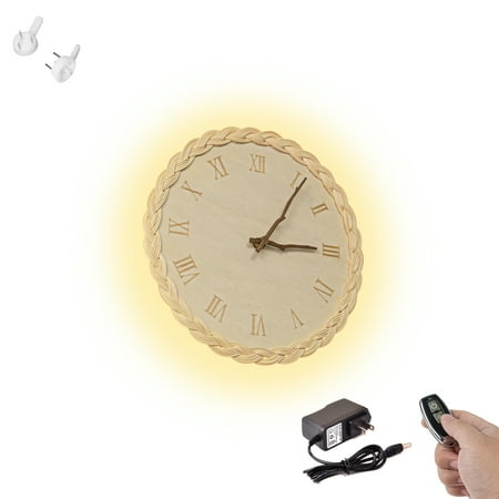 FSLiving Rechargeable Battery Operated LED Wall Sconces Creative Rattan Woven Wooden Round Wall Clock Decorative Lamp Fixtures Remote Control for Entryway Bedroom Fireplace Mantel Decor - 1 Pack