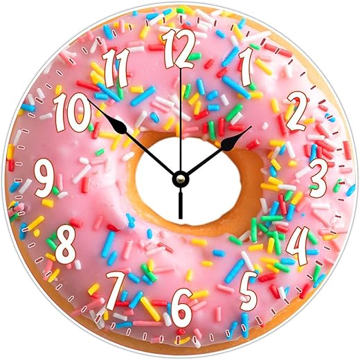 Funny Food Snacks Wall Clock Donuts Unique Fast Food Non Ticking Clock Battery 10inch Decor Wooden Clock Retro Easy Hang for Home Office Bedroom Kitchen Indoor