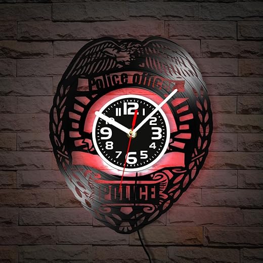 Geek Alerts 12'' Police Officer Badge LED Night Lamp Vinyl Record Wall Clock,Handmade Vintage Luminous Hanging Laser Cut Longplay Wall Clock Cop Gift for Police Department Silent Non Ticking Decor