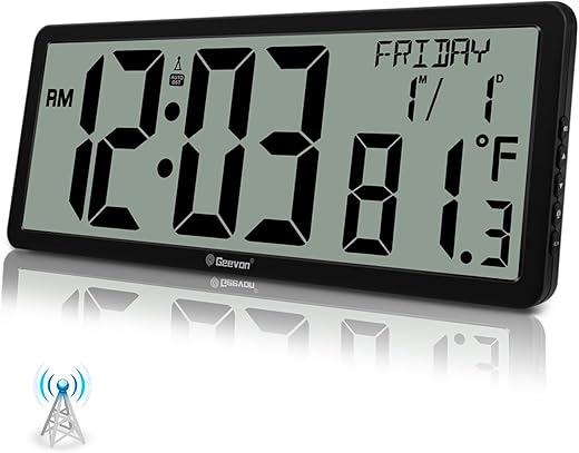 Geevon 14.3 Atomic Wall Clock Battery Operated, Large Atomic Digital Wall Clock with Indoor Temperature and Humidity, Date, 4.4 Jumbo Digits for Home Office Elderly Living Room, Dining Room