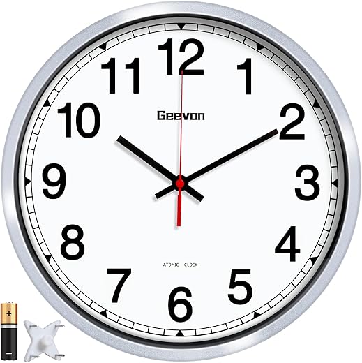 Geevon Atomic Wall Clock 14 Inch, Atomic Analog Wall Clocks Battery Operated, Large Digits Automatic Clock for Kitchen/School/Classroom/Bedroom/Living Room (Silver Frame)