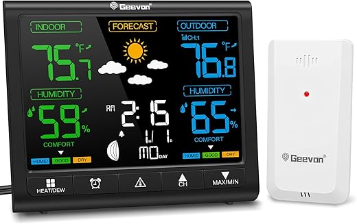 Geevon Weather Stations Wireless Indoor Outdoor Thermometer, HD Color Display Digital Temperature Humidity Monitor with Clock, Comfort Indicator, Adjustable Backlight, Time and Calendar