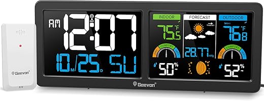 Geevon Weather Stations Wireless Indoor Outdoor Thermometer with Atomic Clock, HD Color Display Digital Temperature Humidity Monitor with Brometer, Comfort Indicator, and Adjustable Backlight