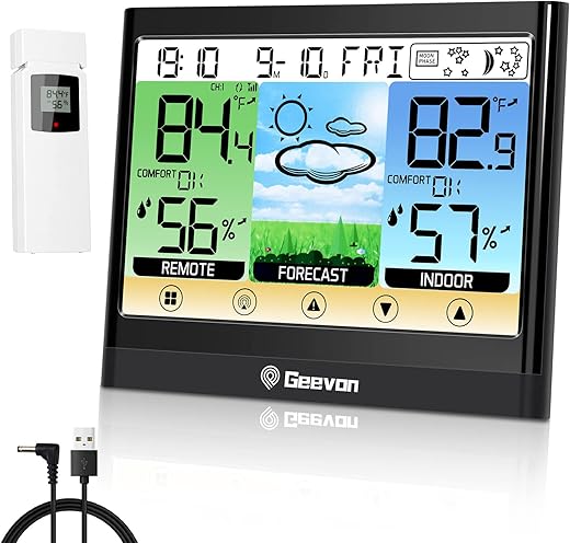 Geevon Weather Station Wireless Indoor Outdoor Thermometer Hygrometer with Dew Point, Heat Index, Touch LCD Display Digital Weather Thermometer with Alarm Clock and Adjustable Backlight