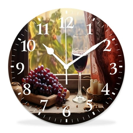 generic 10 inch Round Wall Clock,Red Wine with Grapes and Vine Leaves Beautiful Drawing,Silent Non Ticking Wall Clocks for Living Room Kitchen Bedroom