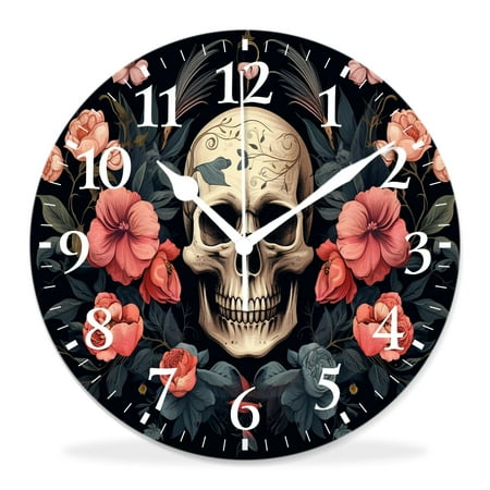 generic 10 inch Round Wall Clock,Tatoo Skull on Floral Background Cute Pattern,Silent Non Ticking Wall Clocks for Living Room Kitchen Bedroom