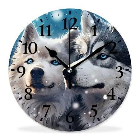 generic 10 inch Round Wall Clock,Wolf Two Wolves Lovely Drawing,Silent Non Ticking Wall Clocks for Living Room Kitchen Bedroom