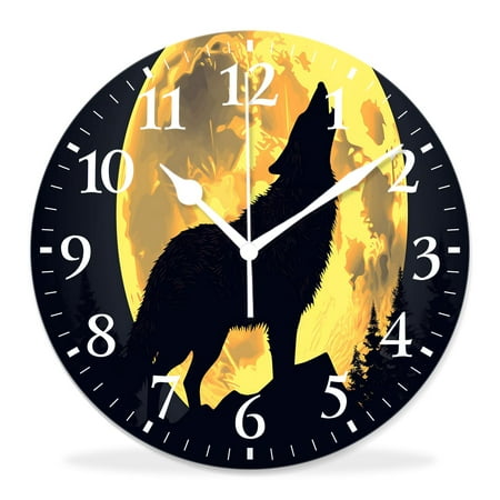 generic 12 inch Round Wall Clock,Howling Wolf Full Moon Cute Art,Silent Non Ticking Wall Clocks for Living Room Kitchen Bedroom