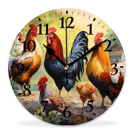 generic 12 inch Round Wall Clock,Rooster and Chickens Graceful,Silent Non Ticking Wall Clocks for Living Room Kitchen Bedroom