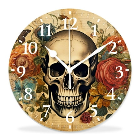 generic 12 inch Round Wall Clock,Tatoo Skull on Floral Background Beautiful Design,Silent Non Ticking Wall Clocks for Living Room Kitchen Bedroom