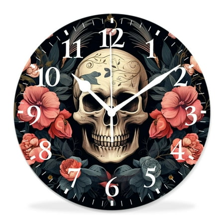 generic 12 inch Round Wall Clock,Tatoo Skull on Floral Background Cute Pattern,Silent Non Ticking Wall Clocks for Living Room Kitchen Bedroom