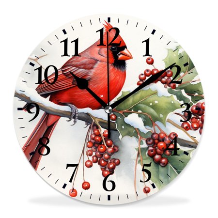 generic 12 inch Round Wall Clock,Winter Cardinal Bird Watercolor Beautiful Pattern,Silent Non Ticking Wall Clocks for Living Room Kitchen Bedroom