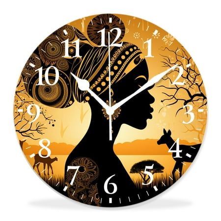 generic 16 inch Round Wall Clock,Silhouette of Woman Zebra Giraffa Tribal Design,Silent Non Ticking Wall Clocks for Living Room Kitchen Bedroom