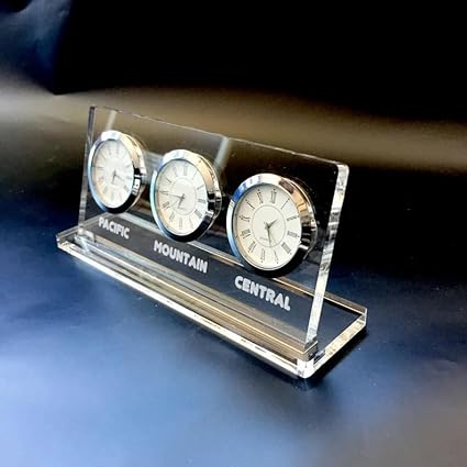 Generic Desk Clock for 3 Cities or Regions. Customizable Labels. Clear Acrylic 3-Piece Clock. Personalized Watches. Multiple time Zone 3 divisions., Silver