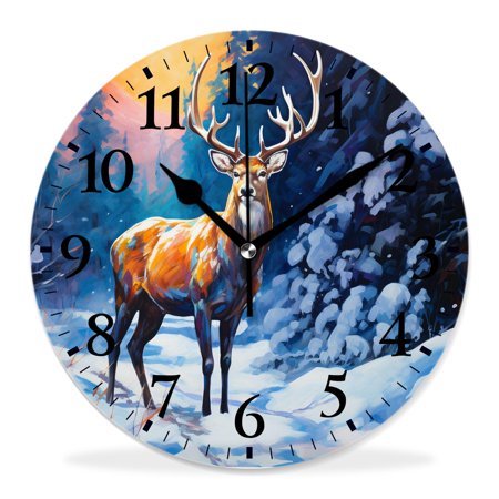 generic Silent Non-Ticking Decorative 12 inch Wall Clock,Deer in Antler Autumn Sunset forest Winter Woodland Design,Round Wall Clocks Decor for Home Office Kitchen Living Room Bedroom