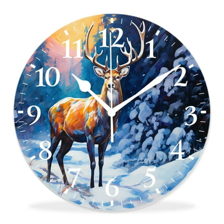 generic Silent Non-Ticking Decorative 12 inch Wall Clock,Deer in Antler Autumn Sunset forest Winter Woodland Design,Round Wall Clocks Decor for Home Office Kitchen Living Room Bedroom