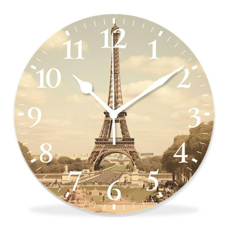 generic Silent Non-Ticking Decorative 12 inch Wall Clock,Eiffel Tower in Paris France Vintage Old Retro Style Lovely,Round Wall Clocks Decor for Home Office Kitchen Living Room Bedroom