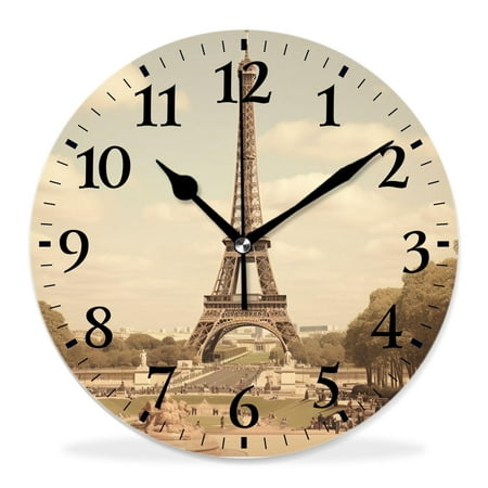 generic Silent Non-Ticking Decorative 12 inch Wall Clock,Eiffel Tower in Paris France Vintage Old Retro Style Lovely,Round Wall Clocks Decor for Home Office Kitchen Living Room Bedroom