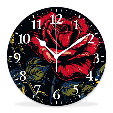 generic Silent Non-Ticking Decorative 14 inch Wall Clock,Fire Flame Rose Tattoo Flower Floral Exquisite,Round Wall Clocks Decor for Home Office Kitchen Living Room Bedroom