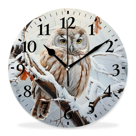 generic Silent Non-Ticking Decorative 14 inch Wall Clock,Snowy Owl in Tree Branch on Winter Snow forest Creative,Round Wall Clocks Decor for Home Office Kitchen Living Room Bedroom