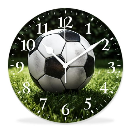 generic Silent Non-Ticking Decorative 14 inch Wall Clock,Soccer Football Grass Field and Ball on Center Multicolor,Round Wall Clocks Decor for Home Office Kitchen Living Room Bedroom