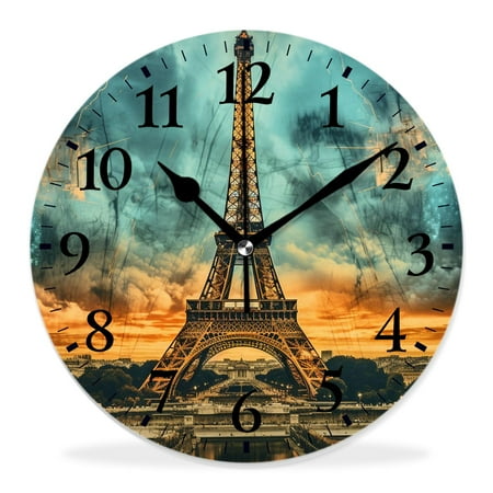 generic Silent Non-Ticking Decorative 14 inch Wall Clock,Sunset Eiffel Tower in Paris with Tree Branch in Vintage Style Lovely,Round Wall Clocks Decor for Home Office Kitchen Living Room Bedroom