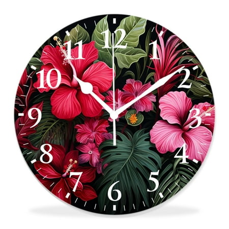 generic Silent Non-Ticking Decorative 14 inch Wall Clock,Tropical Jungle Pattern with Flower Palm Leaf Multicolor,Round Wall Clocks Decor for Home Office Kitchen Living Room Bedroom