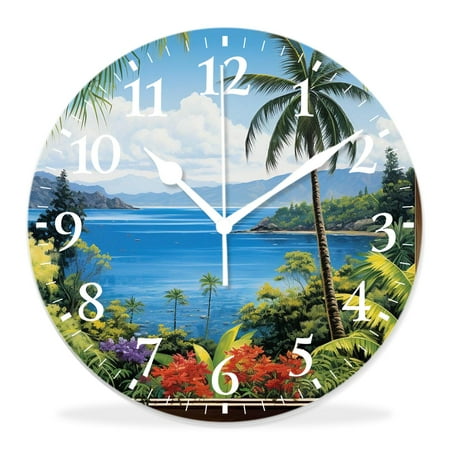 generic Silent Non-Ticking Decorative 14 inch Wall Clock,Tropical Sea Palms and Exotic Village Scene Exquisite,Round Wall Clocks Decor for Home Office Kitchen Living Room Bedroom