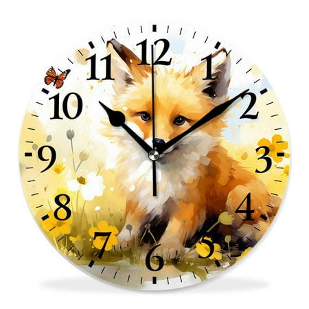 generic Silent Non Ticking 12 inch Round Wall Clocks,Cute Fox Watercolor forest Animal Butterfly Floral Print Art,Decorative Clocks for Living Room Kitchen Bedroom