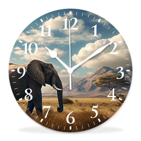 generic Silent Non Ticking 12 inch Round Wall Clocks,Elephants on Mount Kilimanjaro Lovely,Decorative Clocks for Living Room Kitchen Bedroom