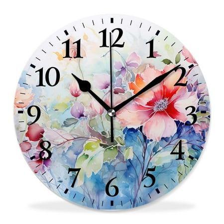 generic Silent Non Ticking 12 inch Round Wall Clocks,Flower Paint of Nature Elements Botanic Floral Motives Isan Style,Decorative Clocks for Living Room Kitchen Bedroom