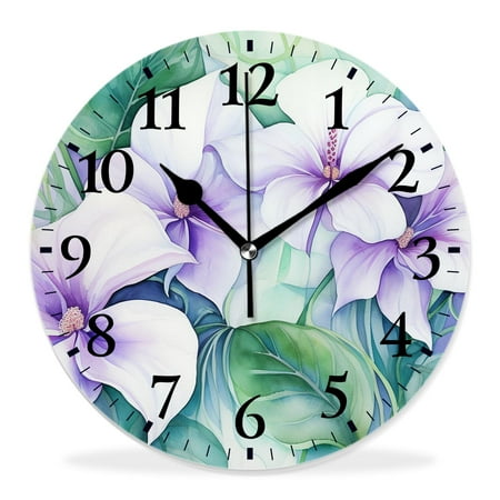 generic Silent Non Ticking 14 inch Round Wall Clocks,Palm Leaves Tropical Flowers White Hibiscus Drawing,Decorative Clocks for Living Room Kitchen Bedroom