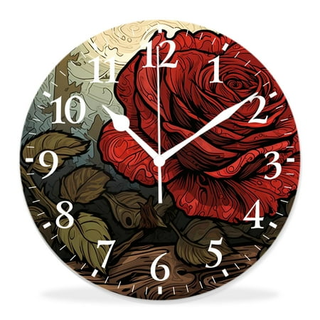 generic Silent Non Ticking 14 inch Round Wall Clocks,Red Corn Poppy Flowers on Brown Wooden Picture,Decorative Clocks for Living Room Kitchen Bedroom