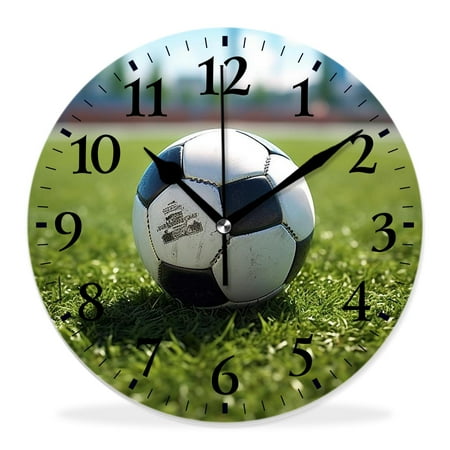 generic Silent Non Ticking 14 inch Round Wall Clocks,Soccer Football Grass Field and Ball on Center Art,Decorative Clocks for Living Room Kitchen Bedroom