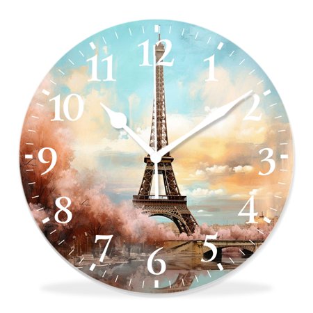 generic Silent Non Ticking 14 inch Round Wall Clocks,Sunset Eiffel Tower in Paris with Tree Branch in Vintage Style Elegant,Decorative Clocks for Living Room Kitchen Bedroom