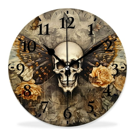 generic Silent Non Ticking 14 inch Round Wall Clocks,Tatoo Skull on Floral Background Lovely,Decorative Clocks for Living Room Kitchen Bedroom