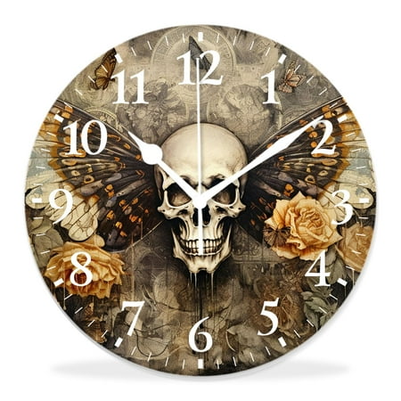 generic Silent Non Ticking 14 inch Round Wall Clocks,Tatoo Skull on Floral Background Lovely,Decorative Clocks for Living Room Kitchen Bedroom