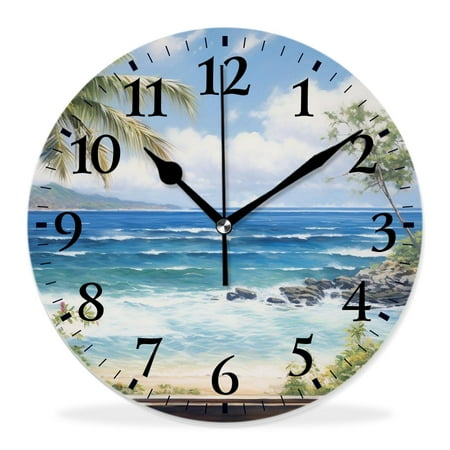 generic Silent Non Ticking 14 inch Round Wall Clocks,Tropical Sea Palms and Exotic Village Scene Elegant,Decorative Clocks for Living Room Kitchen Bedroom