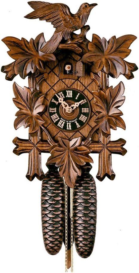 German Black Forest Cuckoo Clock with Five Leaf One Bird 13" Walnut Stain