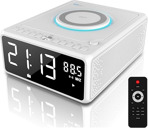 G Keni CD Player Alarm Clock Radio with Remote for Home, 10W Fast Wireless Charging, Bluetooth Boombox, FM Radio, MP3/USB Music Player, Snooze/Sleep Functions, Auto Time Setting Clock