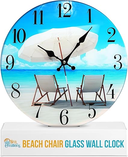 Glass Wall Clock 13" - Coastal, Nautical, and Beach Themed | Decorative Timepiece | Home Decor for Living Room, Bedroom, or Beach House | Beach Chair